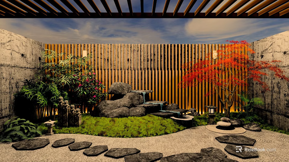 Karesansui Garden Design With Wooden Fence Rocks Gravel Stone Path And Red Maple Tree 3d model 