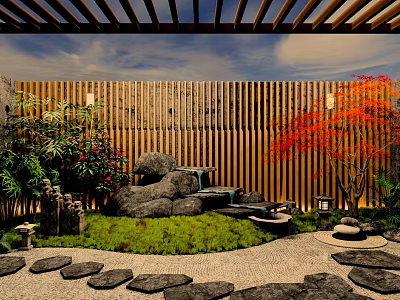 Karesansui Garden Design With Wooden Fence Rocks Gravel Stone Path And Red Maple Tree 3d model