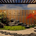Karesansui Garden Design With Wooden Fence Rocks Gravel Stone Path And Red Maple Tree
