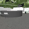 Modern Circular Bar Counter With Hanging Green Plants And Black Stools