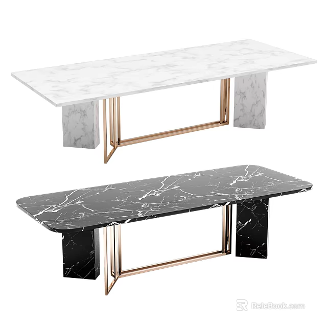 Elegant White and Black Marble Top Dining Tables With Gold Metal Legs Design 3d model 