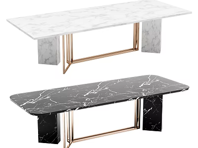 Elegant White and Black Marble Top Dining Tables With Gold Metal Legs Design 3d model