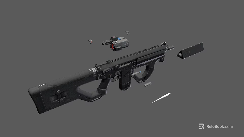 Tactical Black Submachine Gun With Detachable Magazine Red Dot Sight And Bullet Shells 3d model 