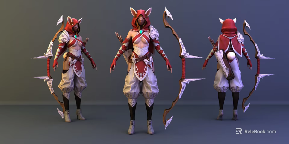 Game Character 3D Model With Fox Ears Red White Outfit Bow Arrow And Tail 3d model 