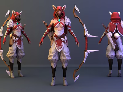 Game Character 3D Model With Fox Ears Red White Outfit Bow Arrow And Tail 3d model