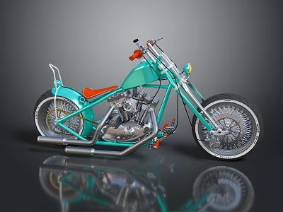 Turquoise Custom Chopper Motorcycle With Orange Seat Chrome Parts And Large Wheels 3d model