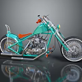 Turquoise Custom Chopper Motorcycle With Orange Seat Chrome Parts And Large Wheels