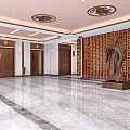 Modern Elevator Hallway With Marble Floor Dark Brown Doors Ceiling Lights And Artworks 3d model