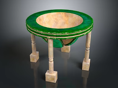 Round Decorative Table With Green Edge Light Interior Four Column Legs And Square Bases 3d model