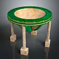 Round Decorative Table With Green Edge Light Interior Four Column Legs And Square Bases
