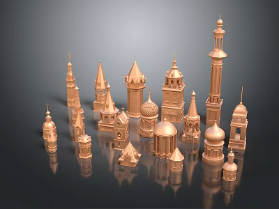 Copper Colored Commercial Complex Architectural Models With Various Towers Spires Domes And Reflections 3d model