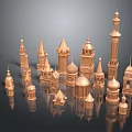 Copper Colored Commercial Complex Architectural Models With Various Towers Spires Domes And Reflections