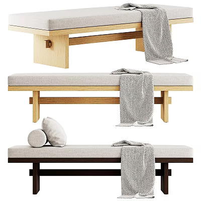 Minimalist Upholstered Bench With Wooden Frame Throw Blanket And Soft Pillows For Living Space 3d model