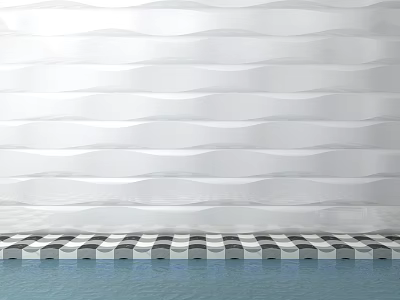 White Wavy Textured Wall with Black and White Checkered Countertop Below and Blue Water Surface 3d model
