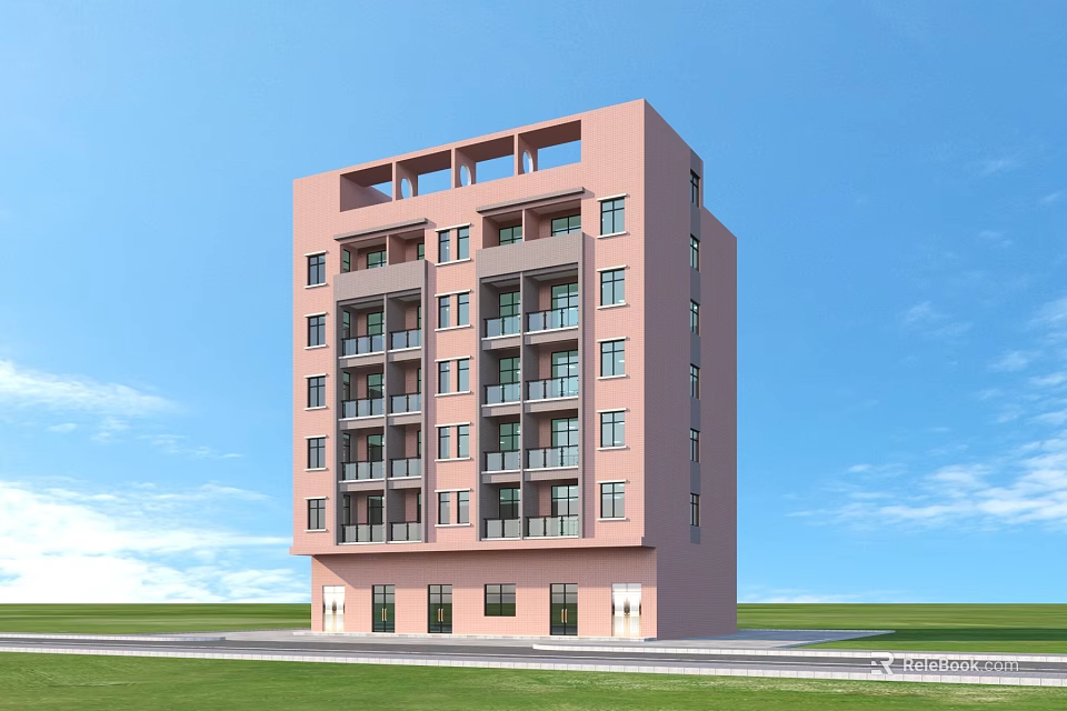 Pink Multi Storey Modern Residential Building With Balconies And Blue Sky Exterior 3d model 