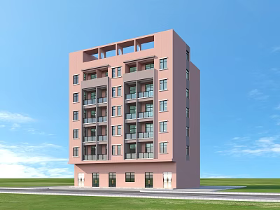 Pink Multi Storey Modern Residential Building With Balconies And Blue Sky Exterior 3d model