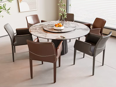 Modern Dining Table Set With Round Marble Top And Leather Chairs In Living Room 3d model