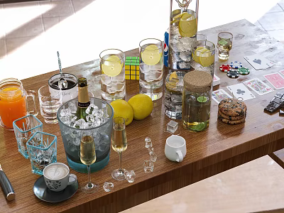 Refreshing Assorted Beverages with Glasses Ice Cubes Lemon Slices Coffee Cookies on Wooden Table 3d model