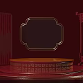 Red Display Shelves Featuring Golden Borders Circular Platform Traditional Patterns And Lantern Decor 3d model