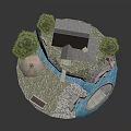Cartoon Scene With Cozy Small House Lush Green Trees Blue Stream Boat Grass And Rocks
