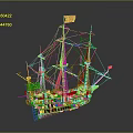Detailed Historical Vintage Wooden Sailing Ship With Multiple Masts And Flags