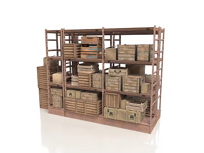 Metal Storage Rack With Multiple Stacked Wooden Crates In Storage Space 3d model