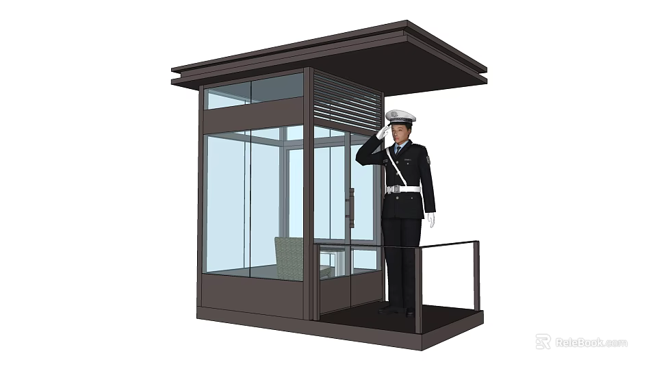 Security Guard Saluting Outside Modern Glass Guard Booth With Canopy 3d model