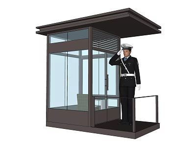 Security Guard Saluting Outside Modern Glass Guard Booth With Canopy 3d model