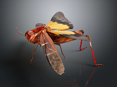 Vibrant Red And Yellow Reptile With Red Legs On Dark Background Close Up 3d model
