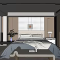 Modern Bedroom Interior With Upholstered Headboard Nightstand Lamp Area Rug Accent Chair And Wall Art
