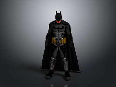 A man wearing Batman costume with bat mask black cape and yellow utility belt 3d model