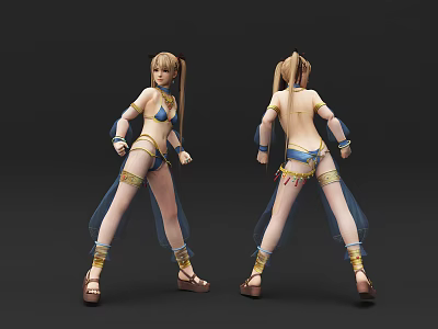 Game Movie Character With Blonde Pigtails Blue Bikini Outfit Transparent Skirt Gold Accessories And Brown Sandals 3d model