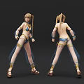 Game Movie Character With Blonde Pigtails Blue Bikini Outfit Transparent Skirt Gold Accessories And Brown Sandals