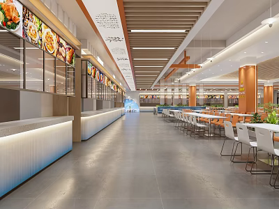 Modern Food Court Interior With Food Display Screens Counter Dining Tables And Bright Lighting 3d model