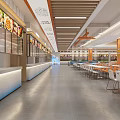 Modern Food Court Interior With Food Display Screens Counter Dining Tables And Bright Lighting