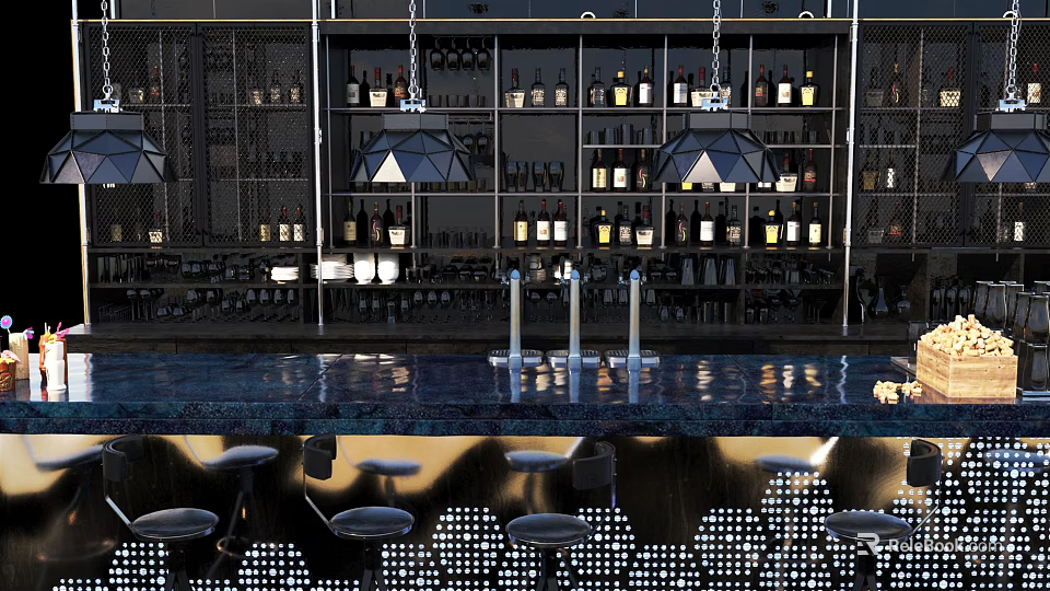 Modern Bar Interior With Stylish Wine Cabinet Organized Wine Bottles Hanging Lights And Bar Stools 3d model 
