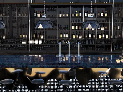 Modern Bar Interior With Stylish Wine Cabinet Organized Wine Bottles Hanging Lights And Bar Stools 3d model