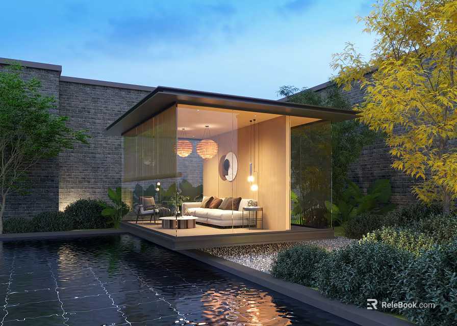 Modern Garden Landscape with Glass Pavilion Water Pond and Green Plants in Evening Lighting Design 3d model 
