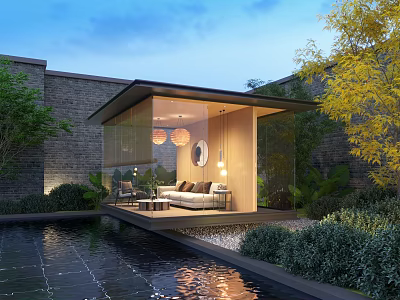 Modern Garden Landscape with Glass Pavilion Water Pond and Green Plants in Evening Lighting Design 3d model