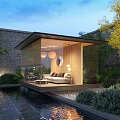 Modern Garden Landscape with Glass Pavilion Water Pond and Green Plants in Evening Lighting Design