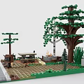 Building Blocks Constructed Scene With Trees Small Cabin Road Arrow Grass And Bushes