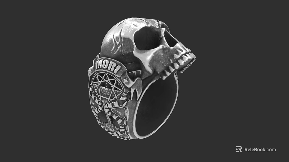 Silver Skull Ring With Intricate NORI Engraving And Detailed Decorative Patterns 3d model 