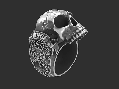 Silver Skull Ring With Intricate NORI Engraving And Detailed Decorative Patterns 3d model