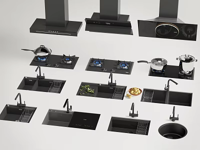 Modern Kitchen Appliances Including Range Hoods Gas Stoves Sinks And Faucets 3d model