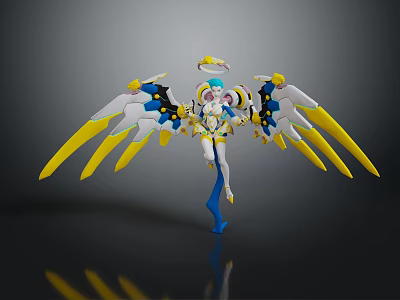 Anime Style Fantasy Character With Large Spiked Wings And Blue White Yellow 3D Design 3d model
