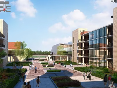 Modern School Building With Multi Storey Brick Structures Glass Facade Green Courtyard And Pedestrian Walkway 3d model