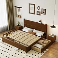 Wooden Double Bed with Cozy Bedding White Brown Linens Wall Art Nightstand and Hanging Lamp