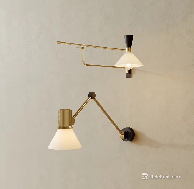 Modern Wall Lamps With Gold Brackets Black Bases And White Shades 3d model 