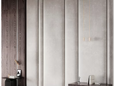Minimalist Bedroom Accent Wall With Light Gray Upholstered Panels And Wooden Side Decor 3d model