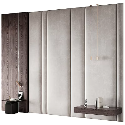Minimalist Bedroom Accent Wall With Light Gray Upholstered Panels And Wooden Side Decor 3d model